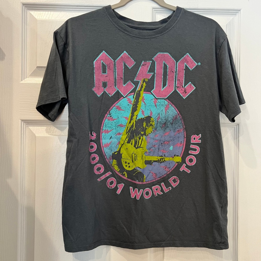 AC/DC Graphic T-Shirt Cotton Jersey Rocker 2000/01 World Tour Charcoal Grey XL
